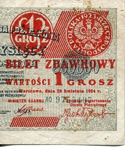 Banknot Polska 1 Grosz 1924 r. Bilet Zdawkowy