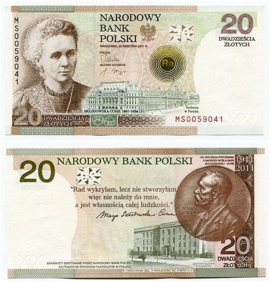 Banknot Kolekcjonerski 20 zł 100. rocznicą przyznania Nagrody Nobla Marii Skłodowskiej-Curie