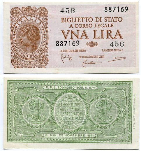 Włochy 1 Lira 1944 r. UNC