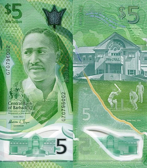 Barbados 5 Dollars 2022 r. Polimer UNC