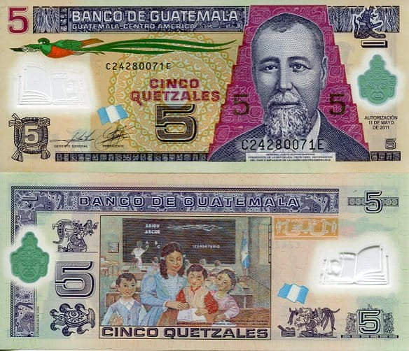 Gwatemala 5 Quetzal 2011 r. Polimer UNC