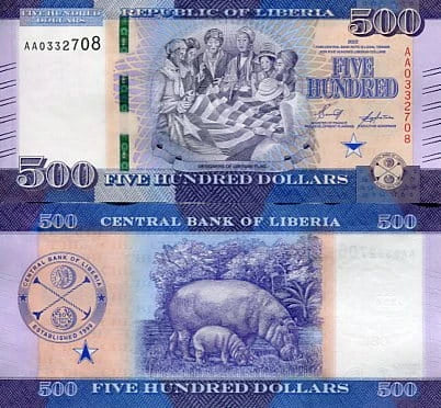 Liberia 500 Dollars 2022 r. UNC